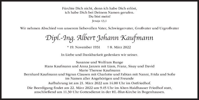  Traueranzeige für Albert Johann Kaufmann vom 12.03.2022 aus Süddeutsche Zeitung