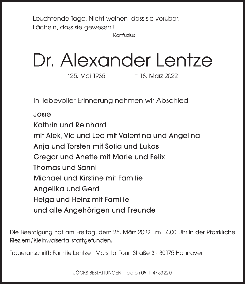  Traueranzeige für Alexander Lentze vom 26.03.2022 aus Süddeutsche Zeitung