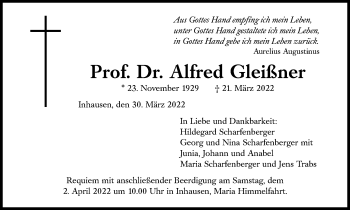 Traueranzeige von Alfred Gleißner von Süddeutsche Zeitung