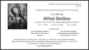 Traueranzeige von Alfred Gleißner von Süddeutsche Zeitung