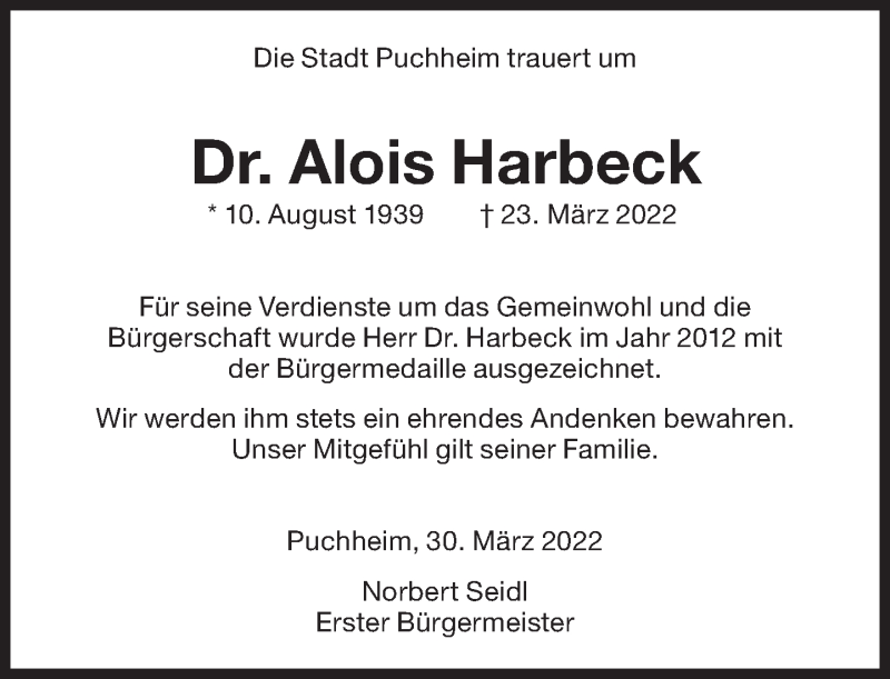  Traueranzeige für Alois Harbeck vom 30.03.2022 aus Süddeutsche Zeitung
