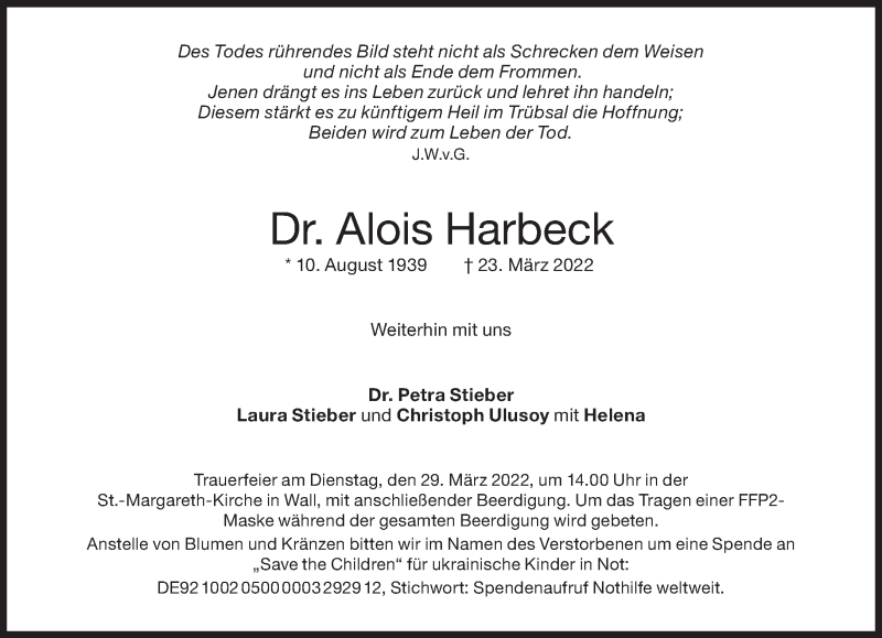  Traueranzeige für Alois Harbeck vom 26.03.2022 aus Süddeutsche Zeitung