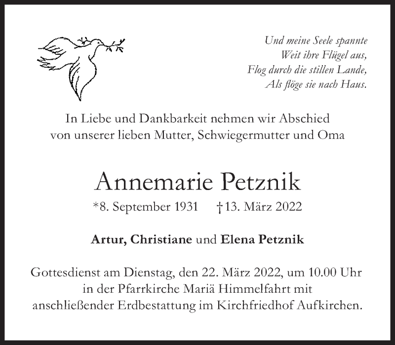  Traueranzeige für Annemarie Petznik vom 19.03.2022 aus Süddeutsche Zeitung