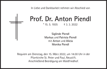 Traueranzeige von Anton Piendl von Süddeutsche Zeitung
