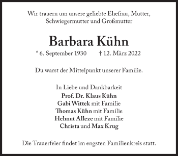 Traueranzeige von Barbara Kühn von Süddeutsche Zeitung