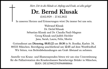Traueranzeige von Bernd Klusak von Süddeutsche Zeitung