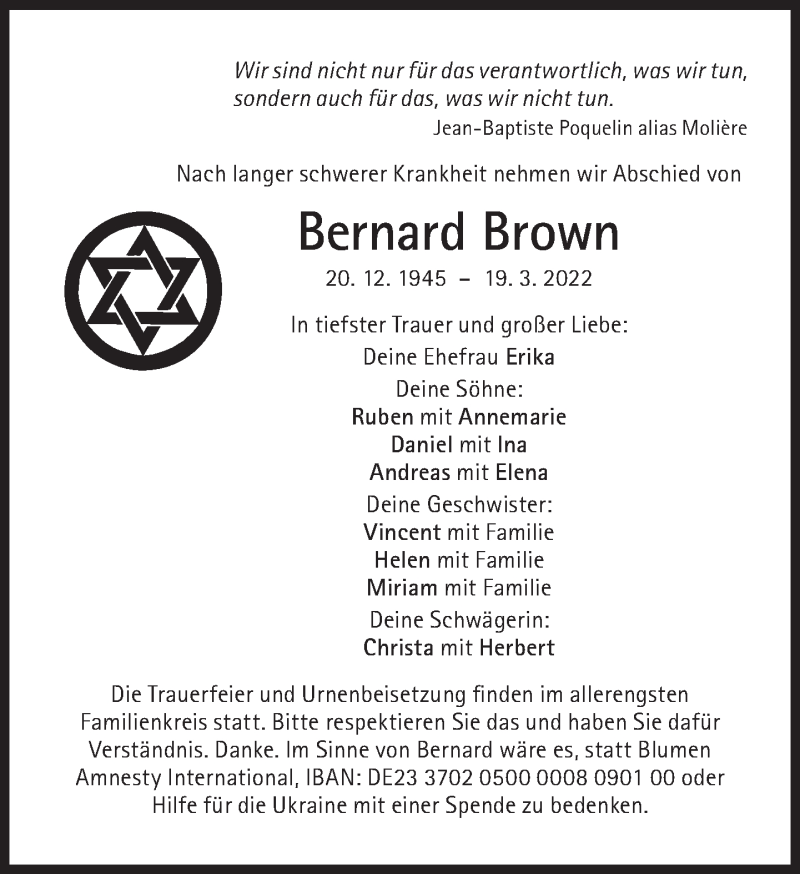  Traueranzeige für Bernhard Brown vom 26.03.2022 aus Süddeutsche Zeitung