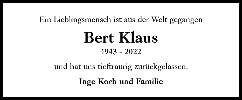  Traueranzeige für Bert Klaus vom 10.03.2022 aus Süddeutsche Zeitung