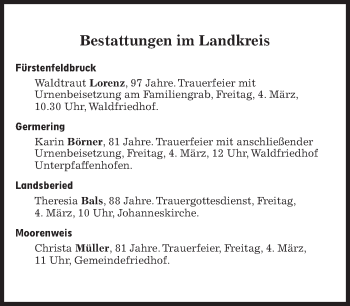 Traueranzeige von Bestattungen vom 03.03.2022 von Süddeutsche Zeitung