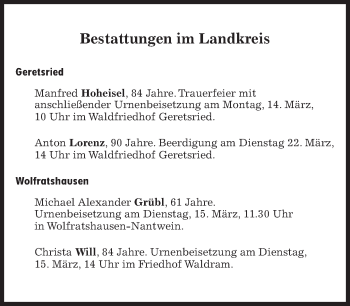 Traueranzeige von Bestattungen vom 12.03.2022 von Süddeutsche Zeitung