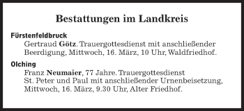 Traueranzeige von Bestattungen vom 16.03.2022 von Süddeutsche Zeitung