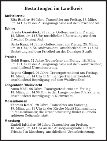 Traueranzeige von Bestattungen vom 18.03.2022 von Süddeutsche Zeitung