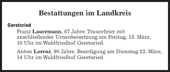 Traueranzeige von Bestattungen vom 18.03.2022 von Süddeutsche Zeitung