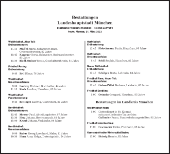 Traueranzeige von Bestattungskalender München  von Süddeutsche Zeitung
