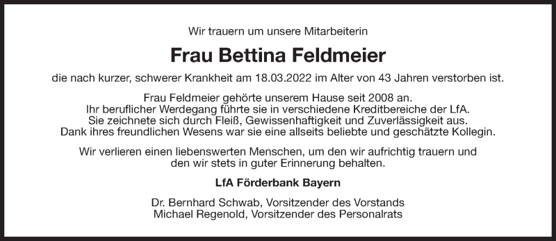  Traueranzeige für Bettina Feldmeier vom 26.03.2022 aus Süddeutsche Zeitung