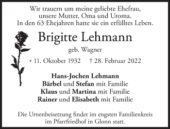 Traueranzeige von Brigitte Lehmann von Süddeutsche Zeitung