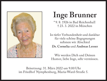 Traueranzeige von Brunner Inge von Süddeutsche Zeitung