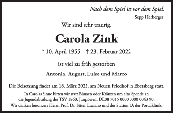 Traueranzeige von Carola Zink von Süddeutsche Zeitung