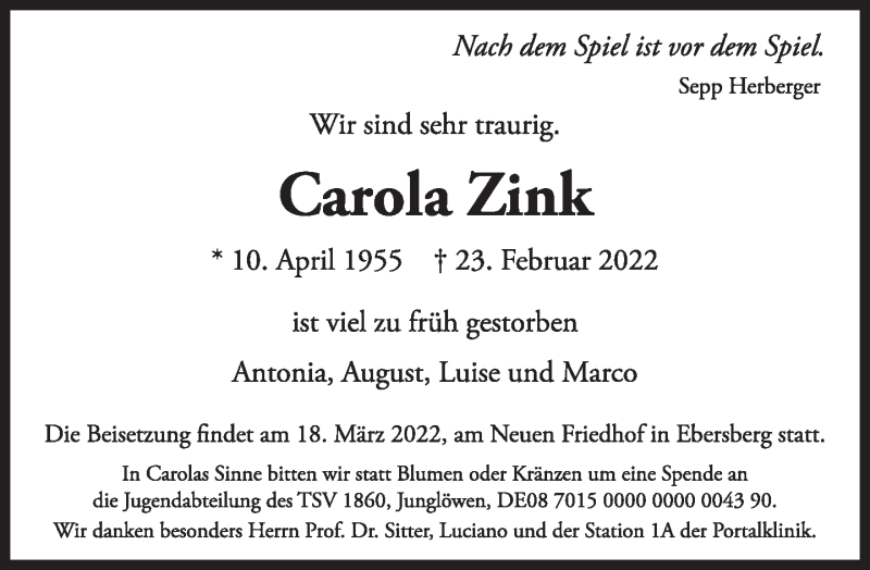  Traueranzeige für Carola Zink vom 08.03.2022 aus Süddeutsche Zeitung