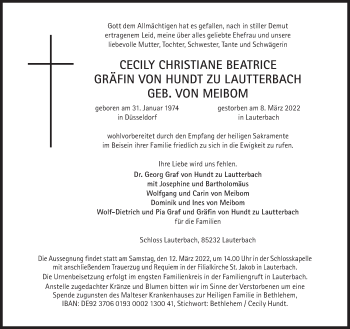 Traueranzeige von Cecily Christiane Beatrice Gräfin von Hundt zu Lautterbach von Süddeutsche Zeitung