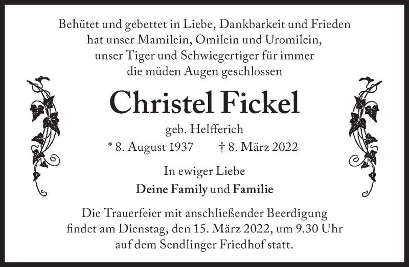  Traueranzeige für Christel Fickel vom 12.03.2022 aus Süddeutsche Zeitung