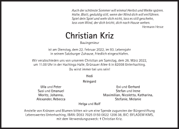 Traueranzeige von Christian Kriz von Süddeutsche Zeitung