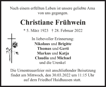 Traueranzeige von Christiane Frühwein von Süddeutsche Zeitung