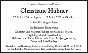 Traueranzeige von Christiane Hübner von Süddeutsche Zeitung