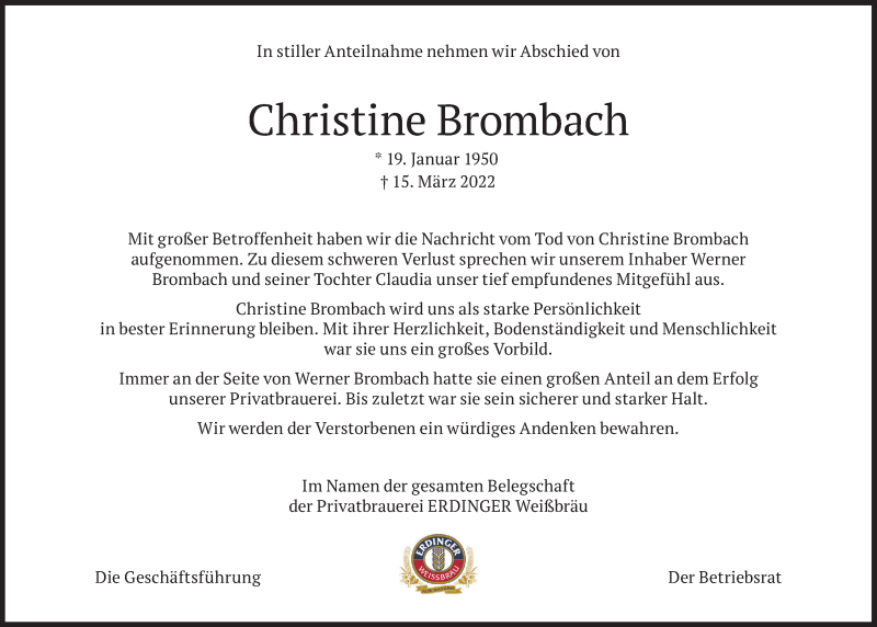 Traueranzeige für Christine Brombach vom 19.03.2022 aus Süddeutsche Zeitung