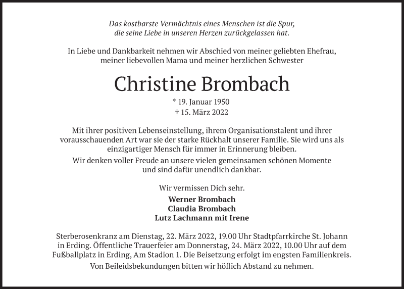  Traueranzeige für Christine Brombach vom 19.03.2022 aus Süddeutsche Zeitung