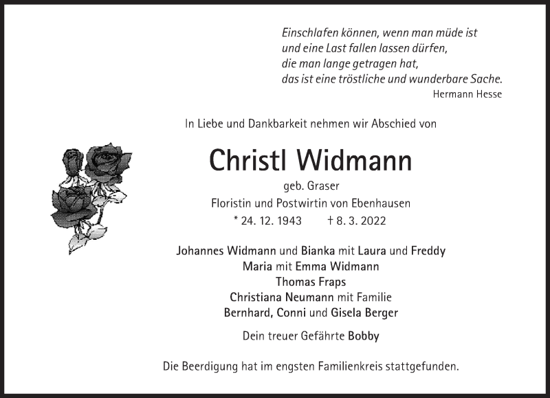  Traueranzeige für Christl Widmann vom 19.03.2022 aus Süddeutsche Zeitung