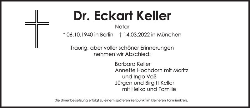  Traueranzeige für Eckart Keller vom 26.03.2022 aus Süddeutsche Zeitung