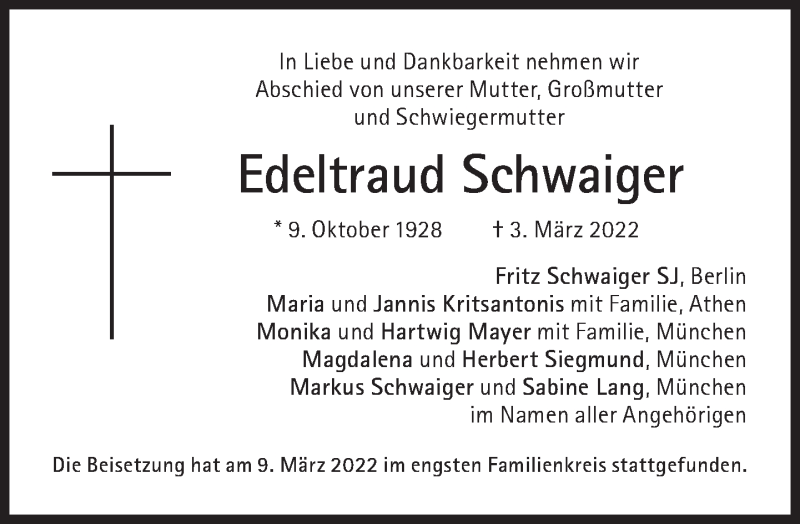 Traueranzeige für Edeltraud Schwaiger vom 12.03.2022 aus Süddeutsche Zeitung