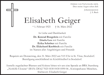 Traueranzeige von Elisabeth Geiger von Süddeutsche Zeitung