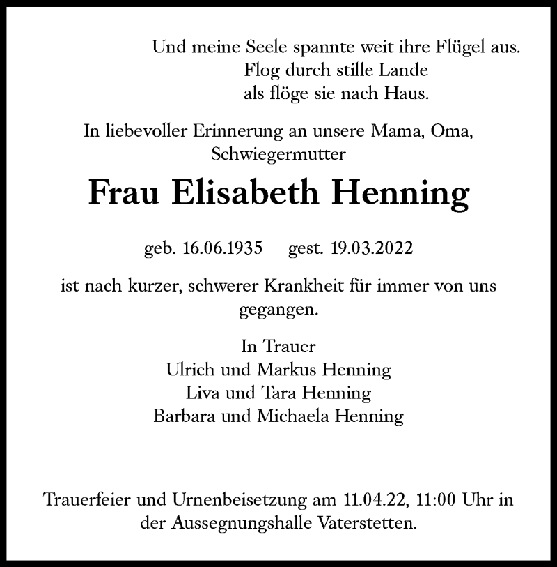  Traueranzeige für Elisabeth Henning vom 24.03.2022 aus Süddeutsche Zeitung