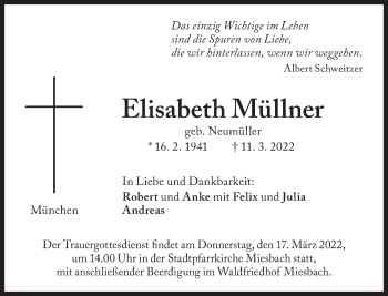 Traueranzeige von Elisabeth Müllner von Süddeutsche Zeitung
