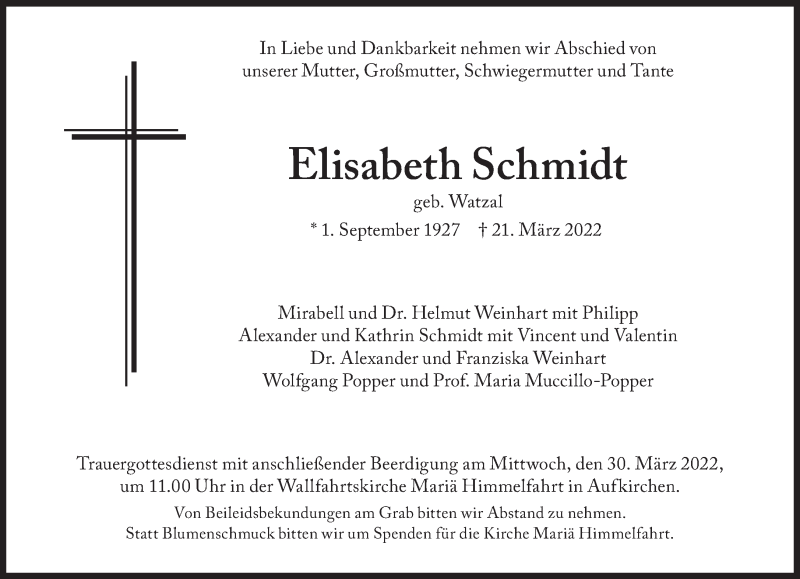 Traueranzeige für Elisabeth Schmidt vom 26.03.2022 aus Süddeutsche Zeitung