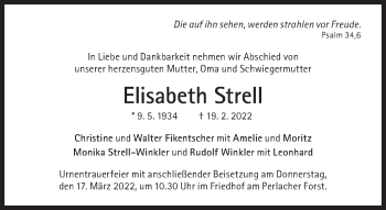 Traueranzeige von Elisabeth Strell von Süddeutsche Zeitung