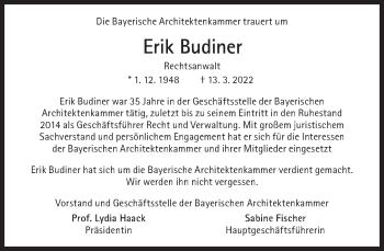 Traueranzeige von Erik Budiner von Süddeutsche Zeitung