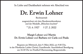 Traueranzeige von Erwin Lohner von Süddeutsche Zeitung