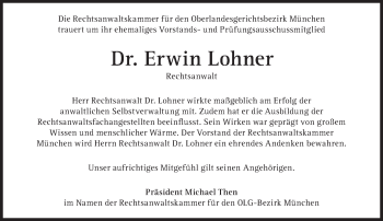 Traueranzeige von Erwin Lohner von Süddeutsche Zeitung