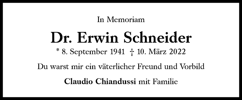  Traueranzeige für Erwin Schneider vom 19.03.2022 aus Süddeutsche Zeitung