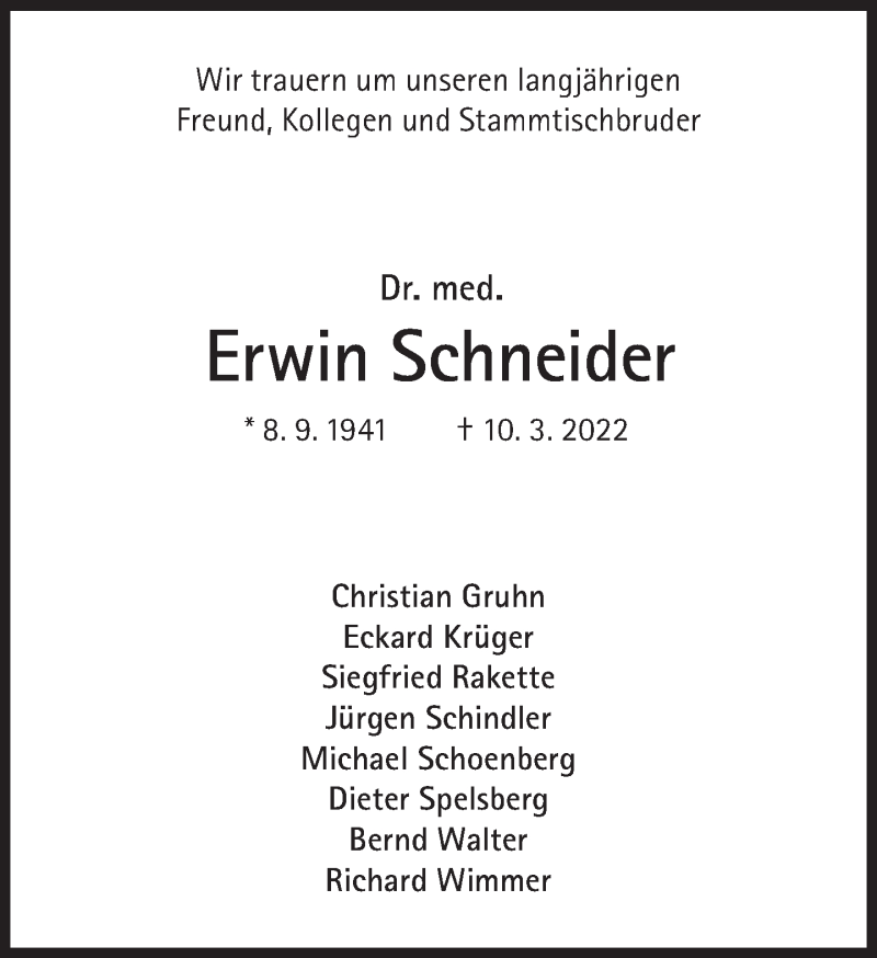  Traueranzeige für Erwin Schneider vom 19.03.2022 aus Süddeutsche Zeitung
