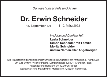 Traueranzeige von Erwin Schneider von Süddeutsche Zeitung