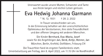 Traueranzeige von Eva Hedwig Johanna Garmann von Süddeutsche Zeitung