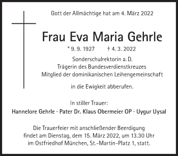 Traueranzeige von Eva Maria Gehrle von Süddeutsche Zeitung