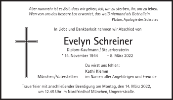 Traueranzeige von Evelyn Schreiner von Süddeutsche Zeitung