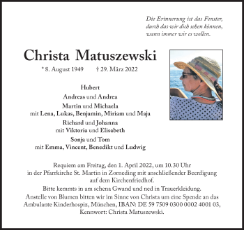 Traueranzeige von Christa Matuszewski 