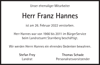 Traueranzeige von Franz Hannes von Süddeutsche Zeitung