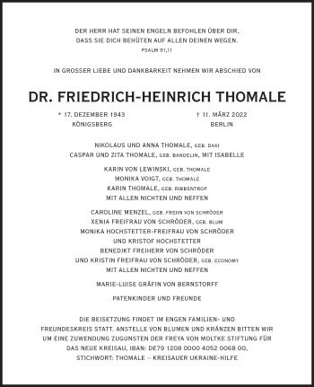 Traueranzeige von Friedrich-Heinrich Thomale von Süddeutsche Zeitung